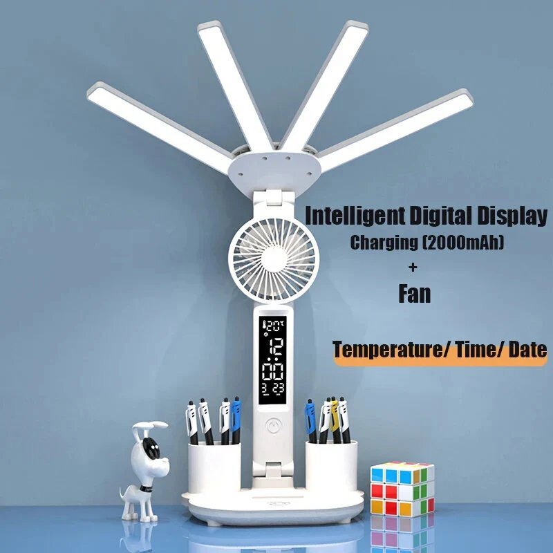 Lámpara de mesa LED multifunción 3 en 1: diseño plegable de cuatro cabezales con ventilador, calendario, reloj, luz de escritorio recargable por USB y lámpara de lectura de 3 colores.