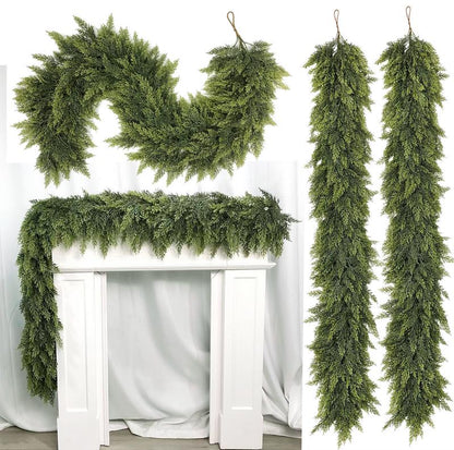 Guirnaldas artificiales de cedro de 1,8 m (2 unidades), con tacto real, de invierno, de pino artificial verde para mesa, repisa, pared y decoración navideña para interiores y exteriores (2, 1,8 m)