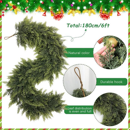 Guirnaldas artificiales de cedro de 1,8 m (2 unidades), con tacto real, de invierno, de pino artificial verde para mesa, repisa, pared y decoración navideña para interiores y exteriores (2, 1,8 m)